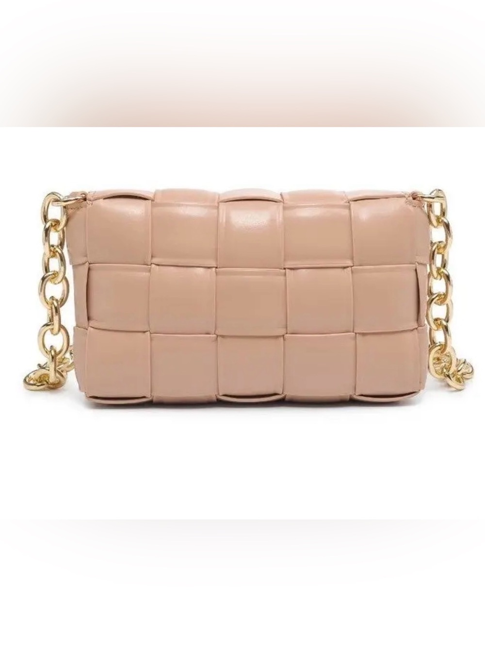 Woven Padded Clutch with Gold Chain - Nude